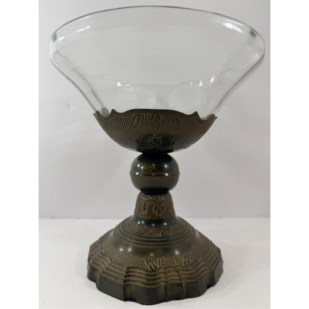 VTG Bronze Glass Compote Bowl Centerpiece Hollywood Regency Pedestal Dish 9"